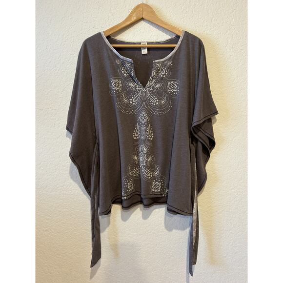 Free People Brown Boxy T Shirt Sz S Oversized Paisley Belted Boho Kimono Sleeve - Picture 1 of 11